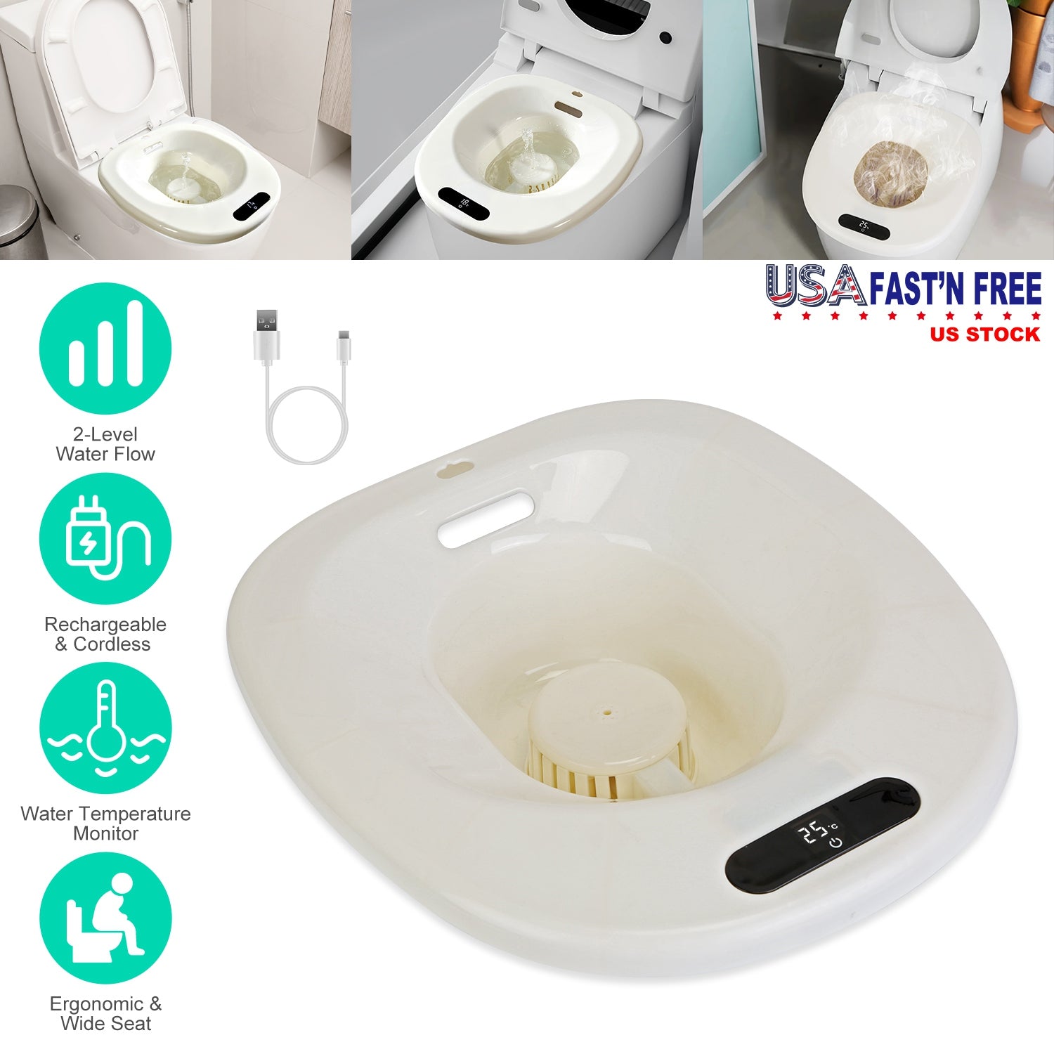 Electric Sitz Bath Tub with 2-Level Water Flow and Temperature Display – 1500mAh Battery