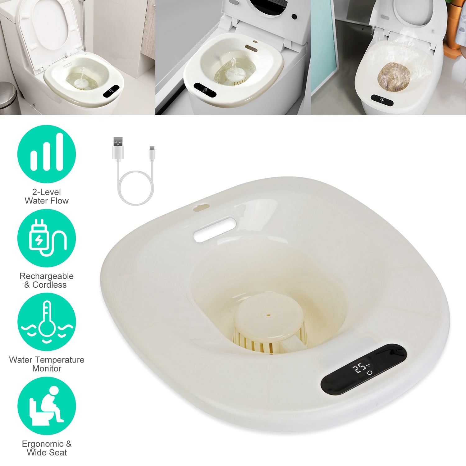 Electric Sitz Bath Tub with 2-Level Water Flow and Temperature Display – 1500mAh Battery