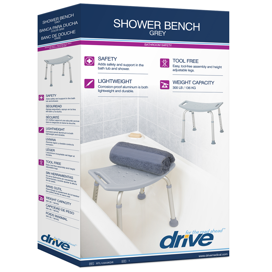 Drive Medical Bathroom Safety Shower Tub Bench Chair with Drainage Holes and Non-Slip Feet – Gray
