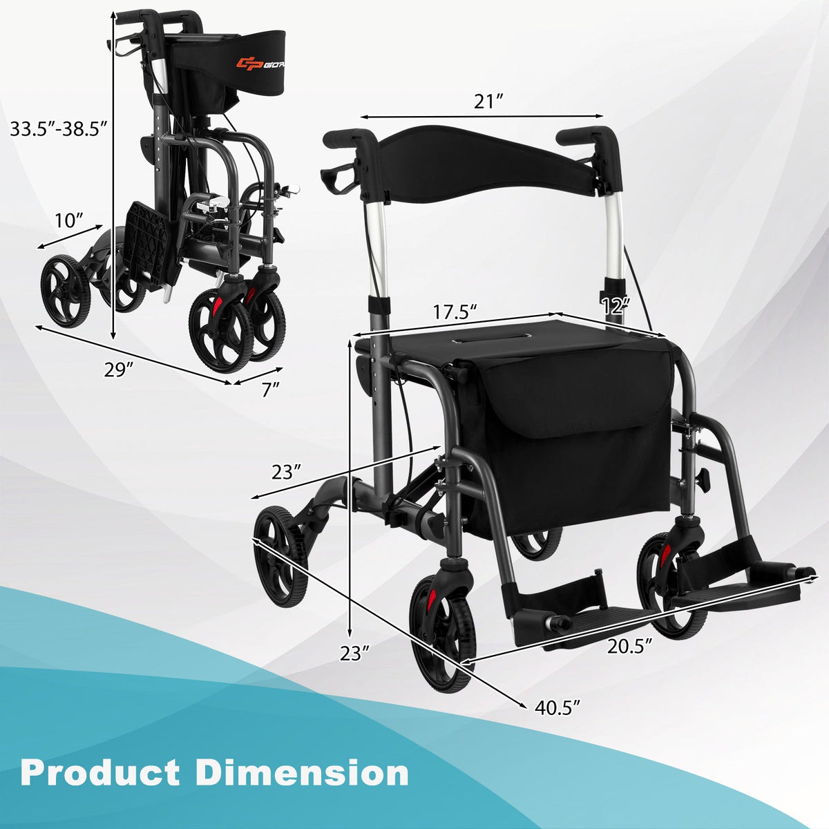 2-in-1 Adjustable Folding Handle Rollator Walker with Storage Space