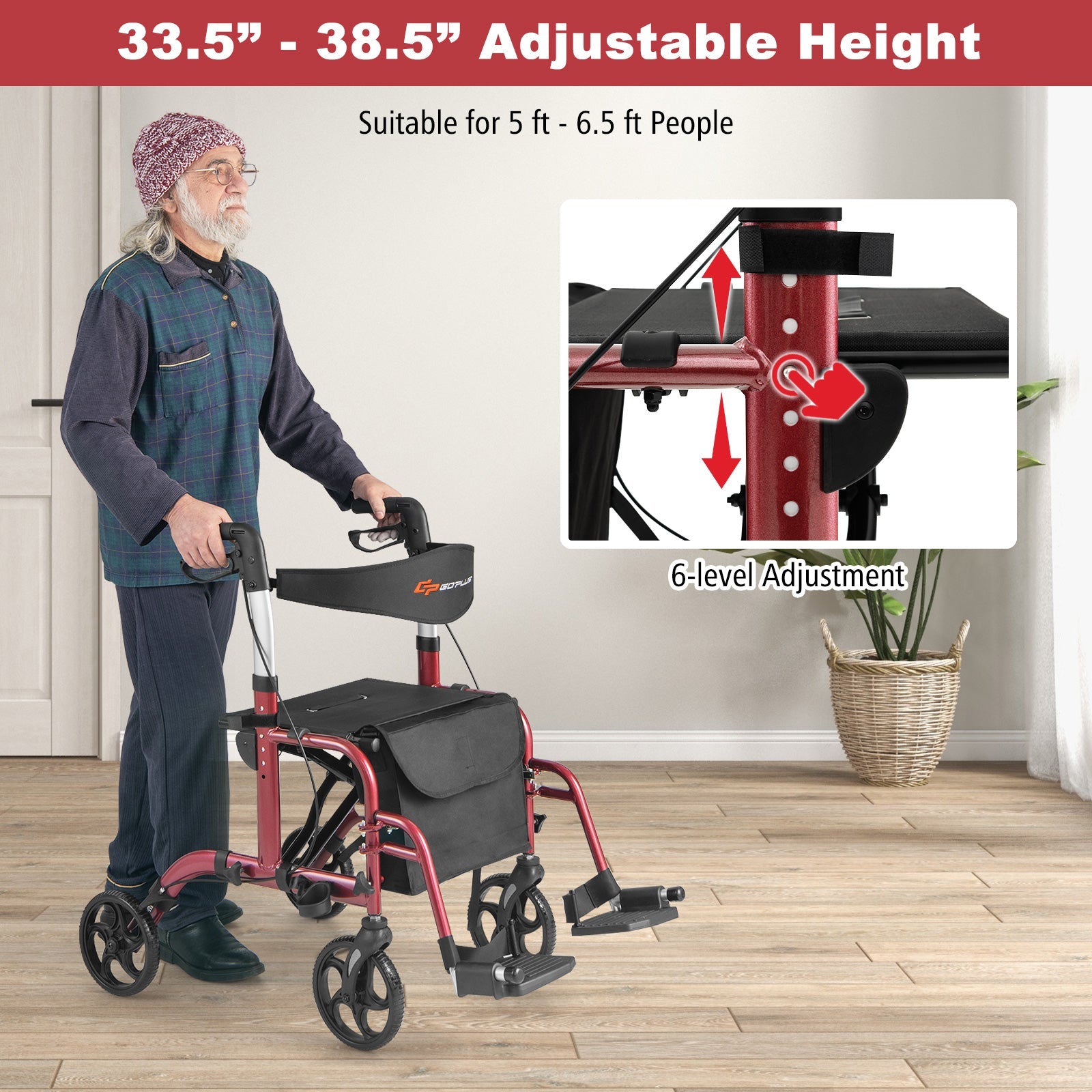 2-in-1 Adjustable Folding Handle Rollator Walker with Storage Space