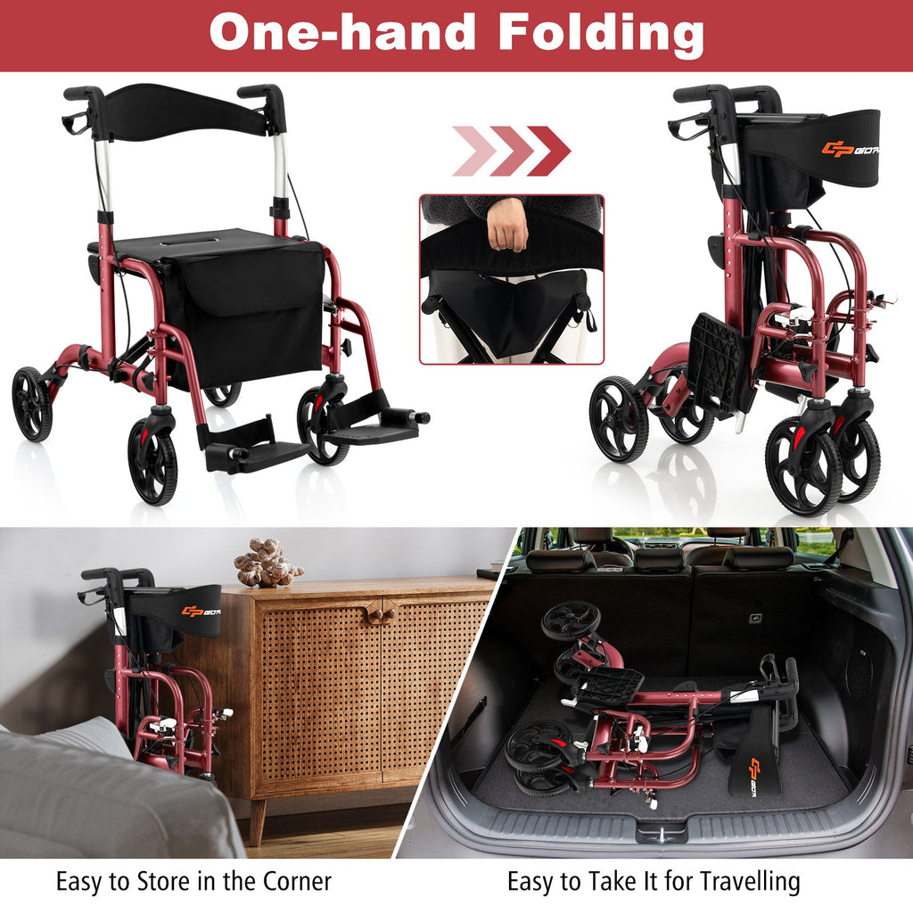 2-in-1 Adjustable Folding Handle Rollator Walker with Storage Space
