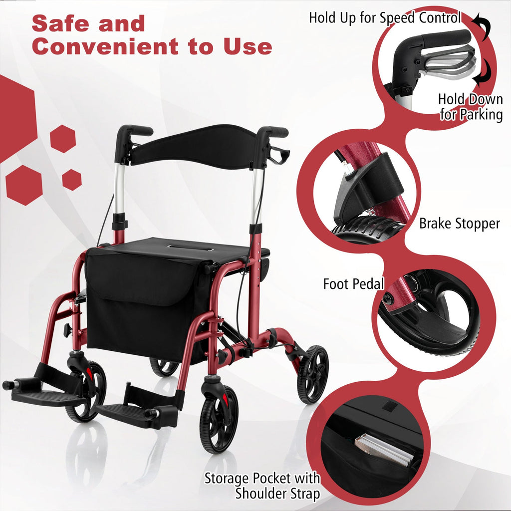 2-in-1 Adjustable Folding Handle Rollator Walker with Storage Space