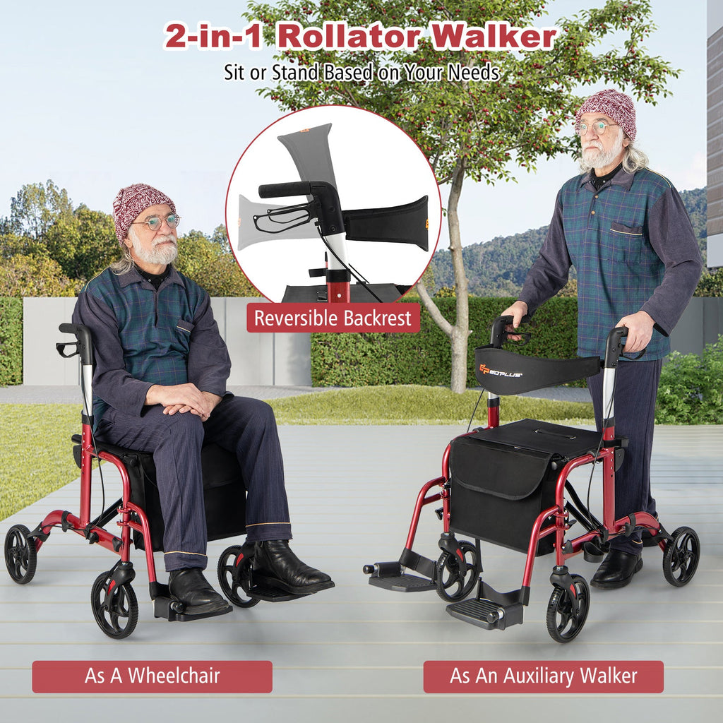 2-in-1 Adjustable Folding Handle Rollator Walker with Storage Space