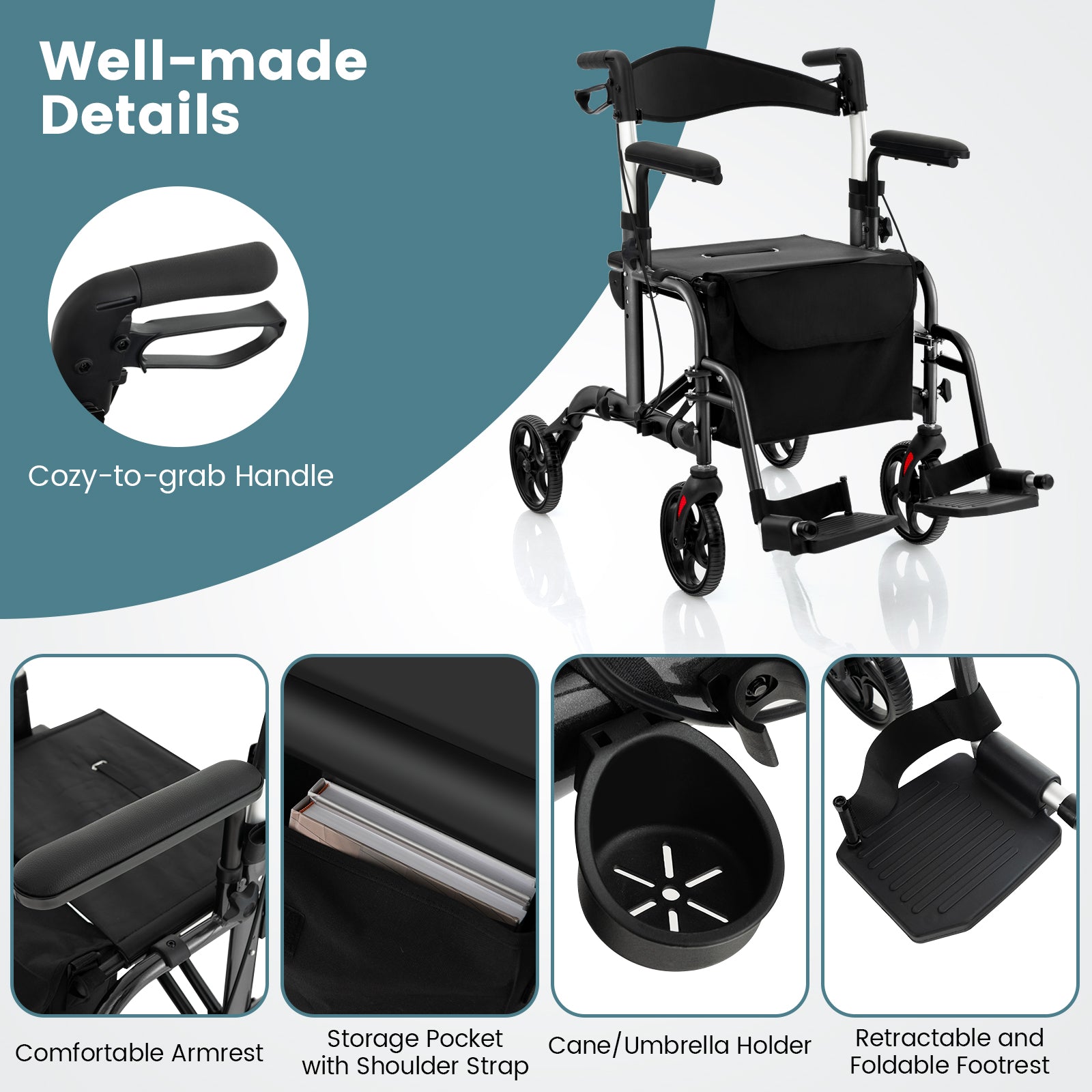 Folding Rollator Walker with Seat and Wheels Supports up to 300 lbs