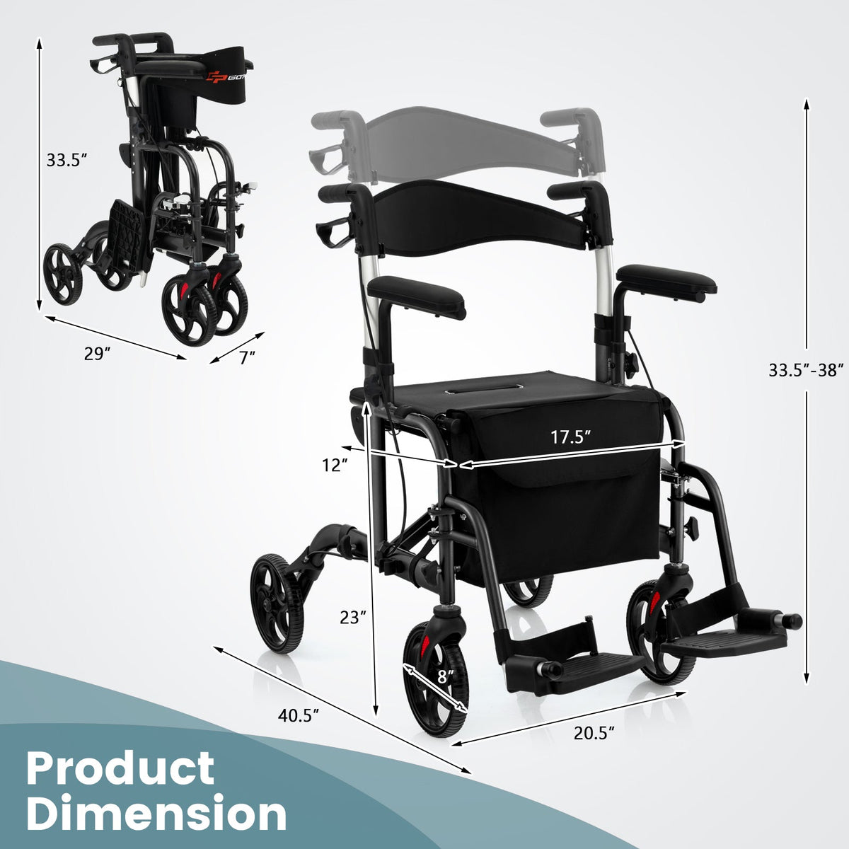 Folding Rollator Walker with Seat and Wheels Supports up to 300 lbs