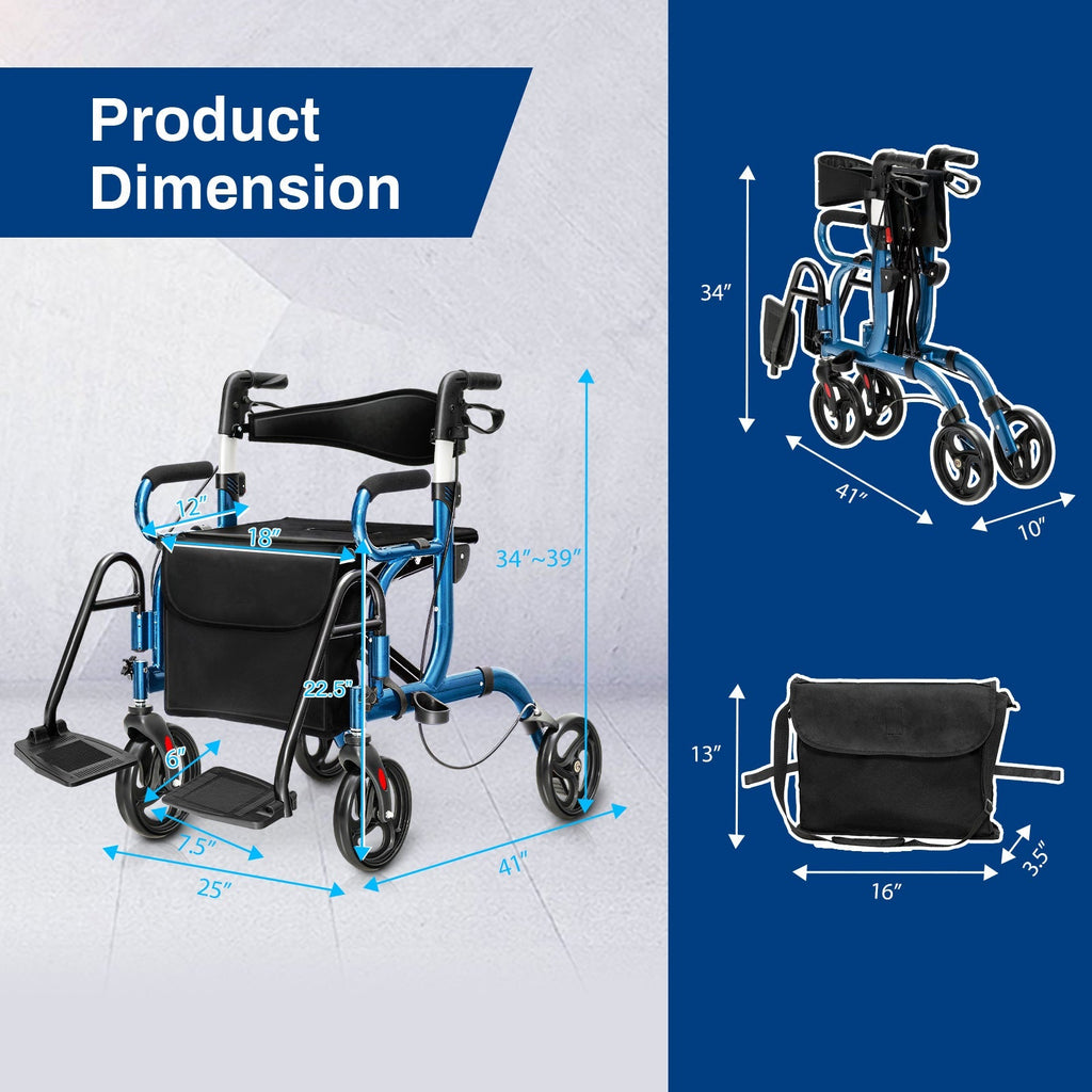 Folding Rollator Walker with 8-inch Wheels and Seat