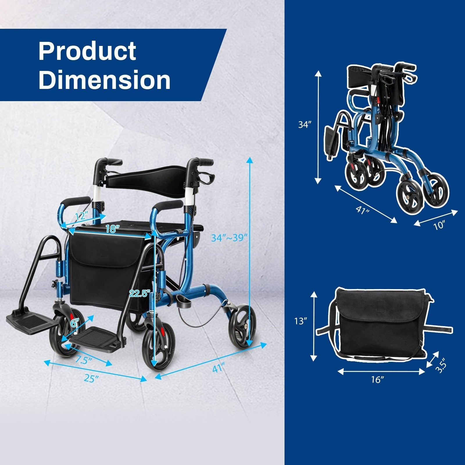 Folding Rollator Walker with 8-inch Wheels and Seat