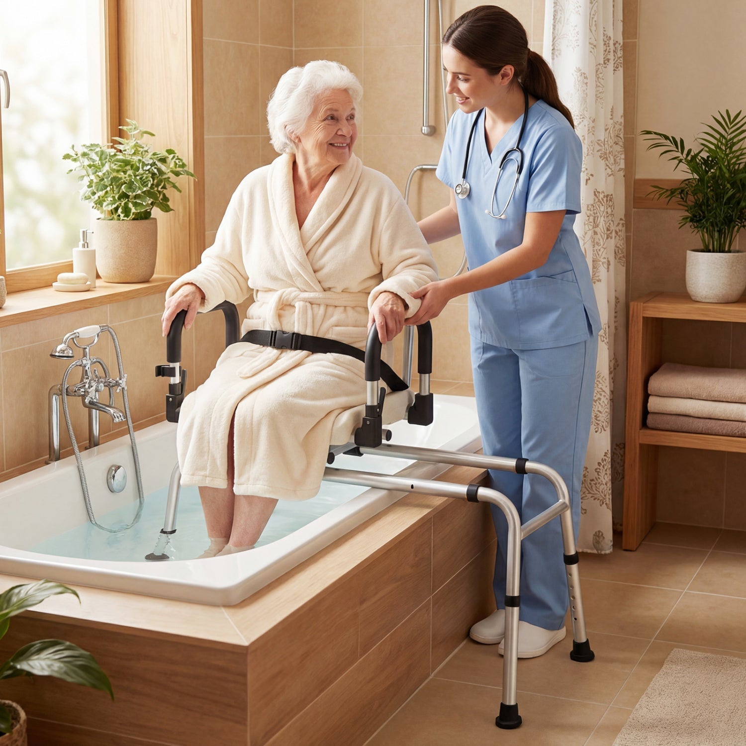 Sliding Shower Chair with Swivel Seat, Backrest, and Flip-Up Armrests – 300 lb Capacity