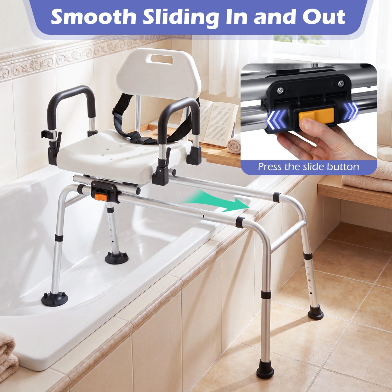 Sliding Shower Chair with Swivel Seat, Backrest, and Flip-Up Armrests – 300 lb Capacity