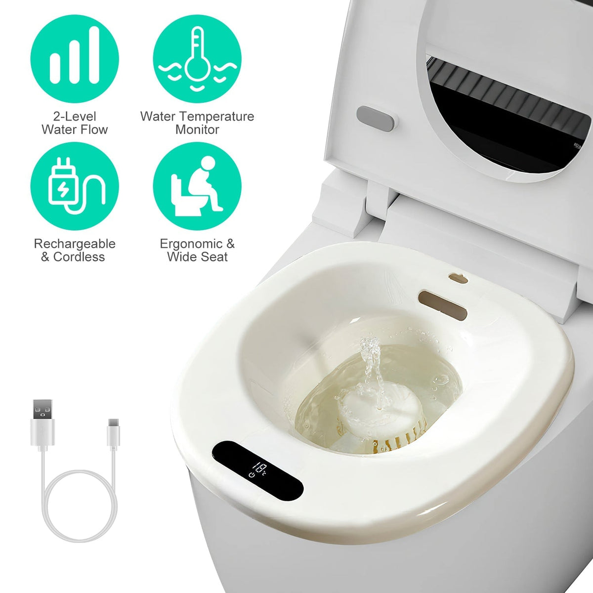 Electric Sitz Bath Tub with 2-Level Water Flow and Temperature Display – 1500mAh Battery