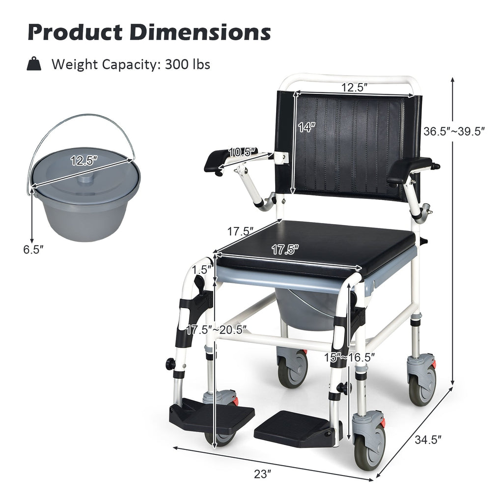 4-in-1 Bedside Commode Wheelchair with Detachable Bucket