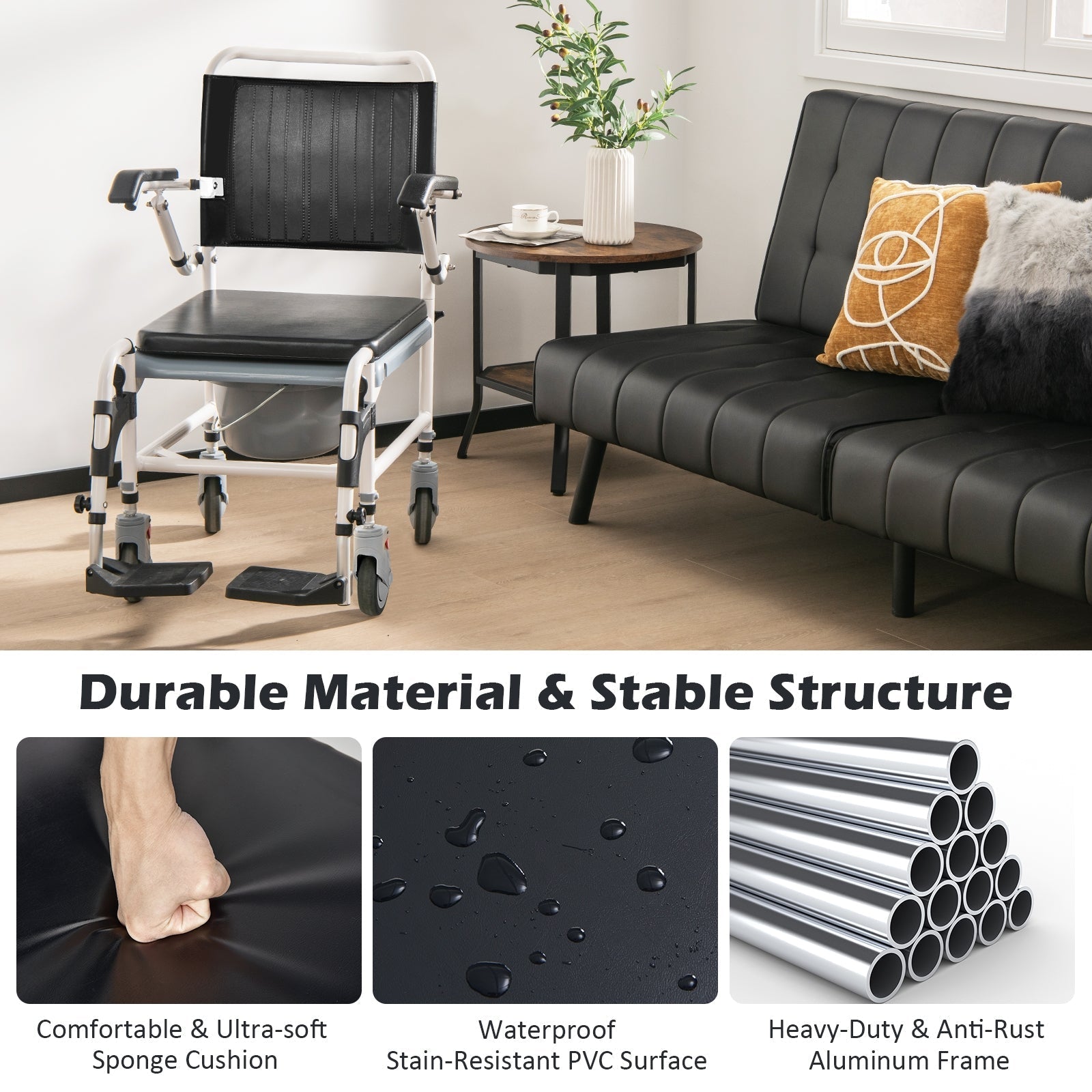 4-in-1 Bedside Commode Wheelchair with Detachable Bucket