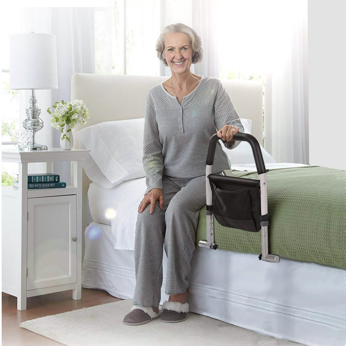 Adjustable Bed Assist Rail with Safety Strap and Storage Pouch