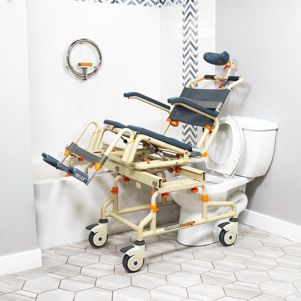 Tub Buddy Caregiver-Assisted Bathtub Transfer System with Rolling Base and Tilt – Commode Chair