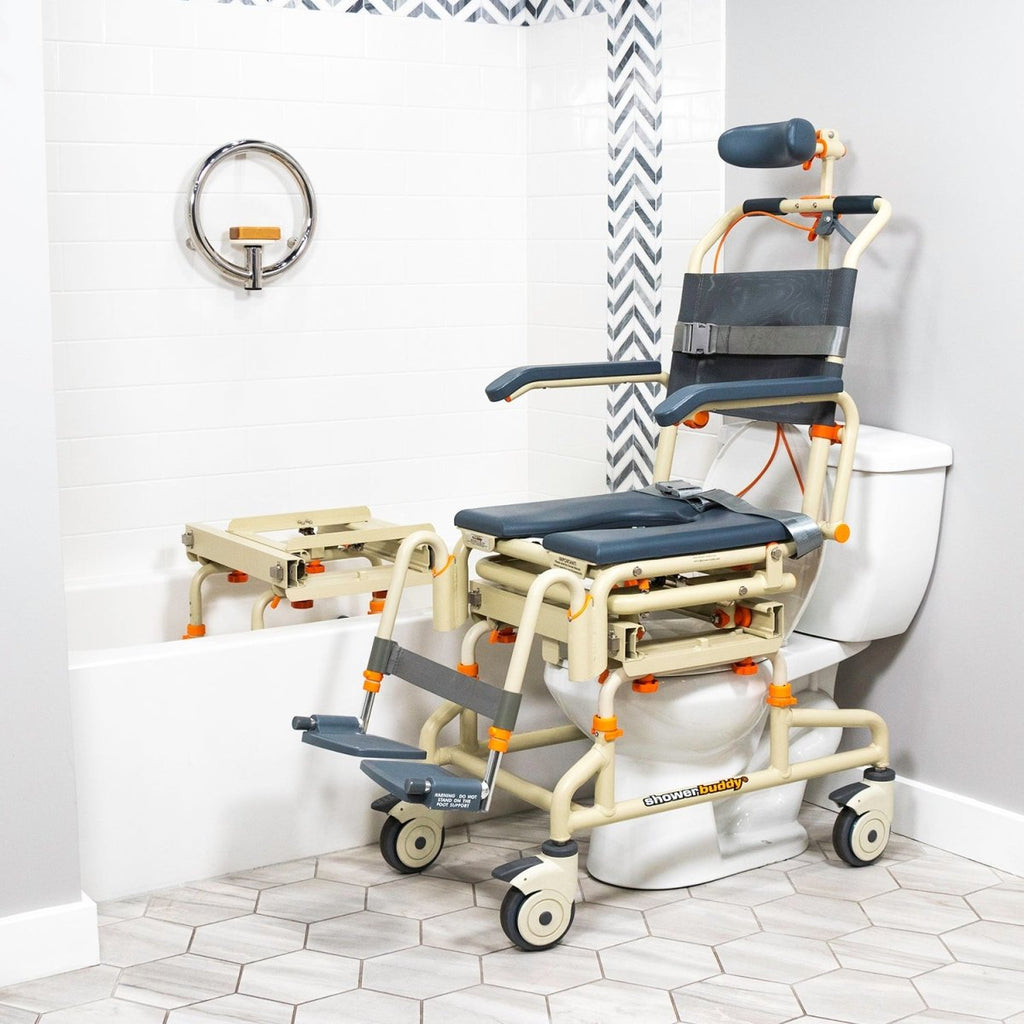 Tub Buddy Caregiver-Assisted Bathtub Transfer System with Rolling Base and Tilt – Commode Chair