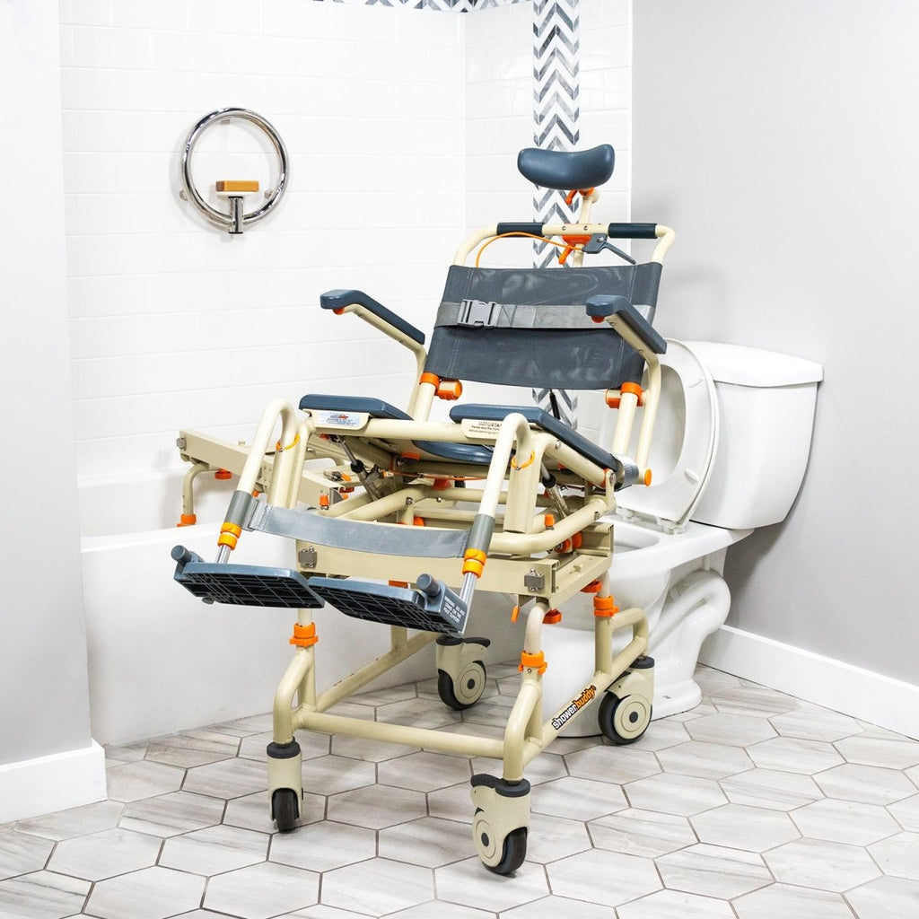 Tub Buddy Caregiver-Assisted Bathtub Transfer System with Rolling Base and Tilt – Commode Chair