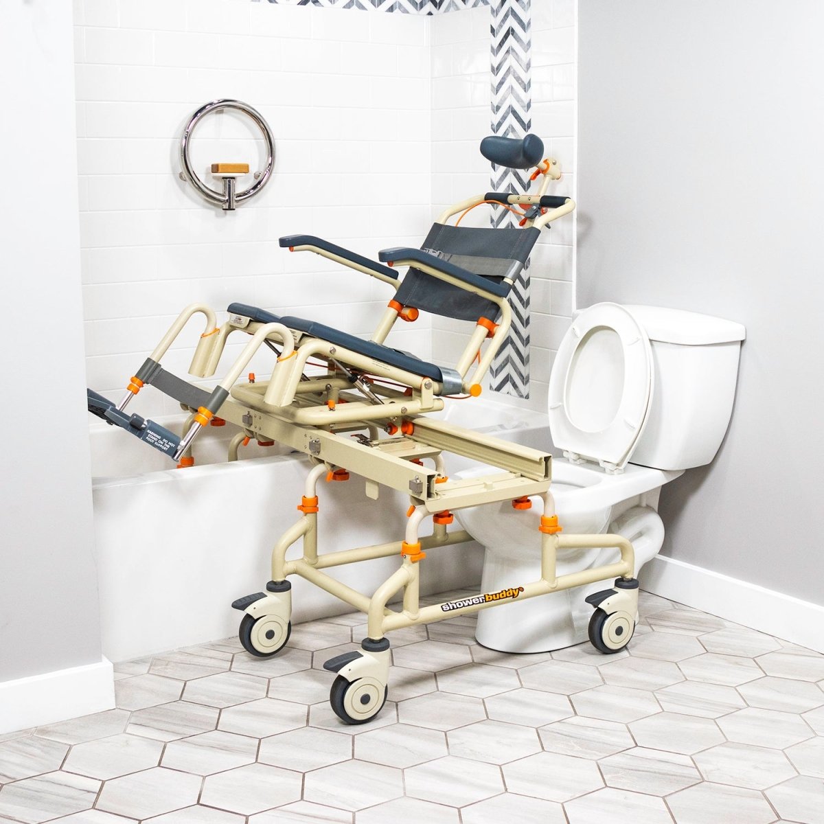 Tub Buddy Caregiver-Assisted Bathtub Transfer System with Rolling Base and Tilt – Commode Chair