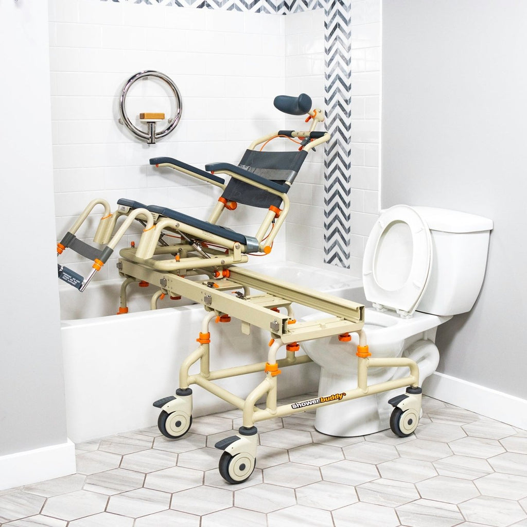 Tub Buddy Caregiver-Assisted Bathtub Transfer System with Rolling Base and Tilt – Commode Chair