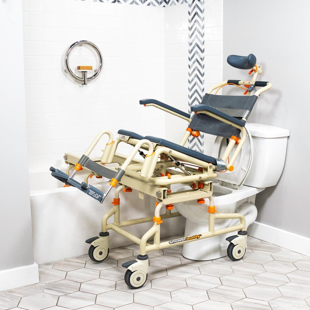 Tub Buddy Caregiver-Assisted Bathtub Transfer System with Rolling Base and Tilt – Commode Chair